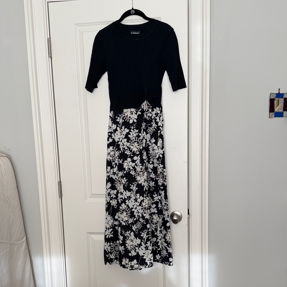 En Saison black Ribbed Knit mixed media midi dress
